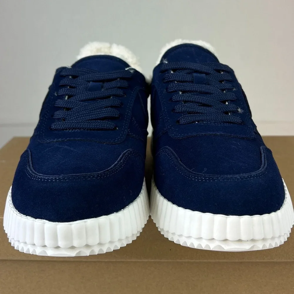 Steve Madden Women Shereen-F Sneakers Navy Suede Fur Leather Lace-Up Shoes Sz 7M